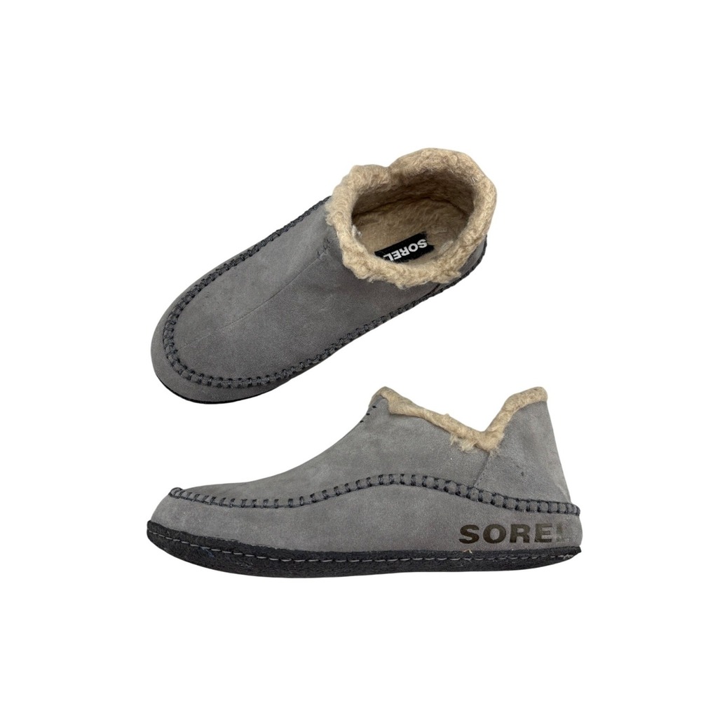Sorel Manawan II Slippers Quarry Grey Suede Faux Fur Slip On Rubber Sole Men's 8